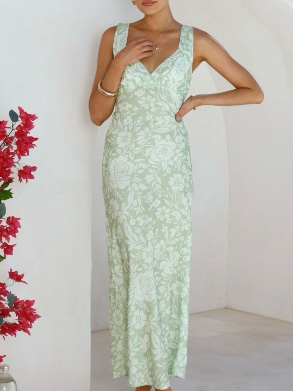 Sleeveless Sage Green Floral V-Neck Maxi Dress